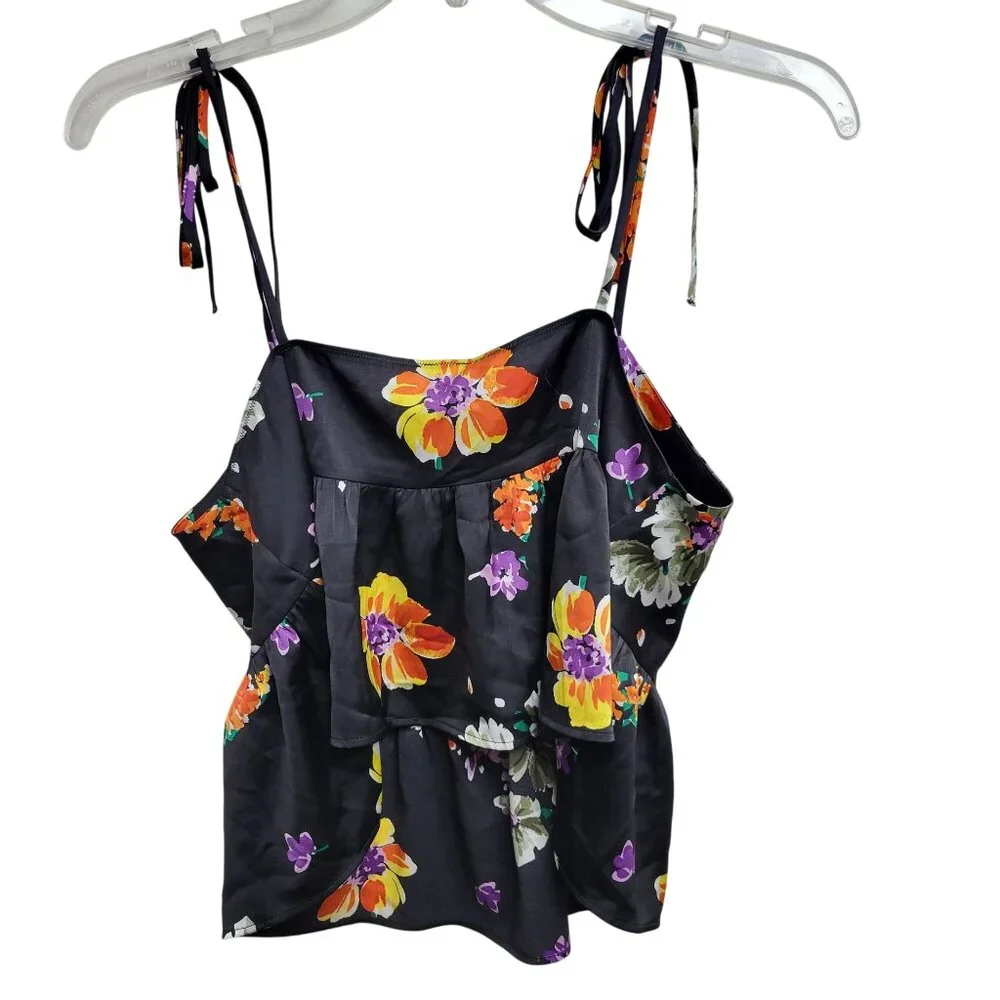 Savage X Fenty Satin Black Floral‎ Tie-Shoulder V-Neck Babydoll Cami Tank Size L
